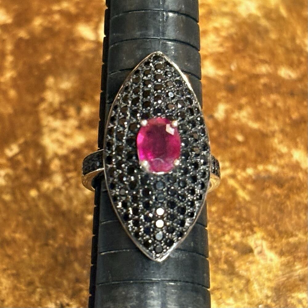 Carol Brodie Rarities Ring Sz 7 Art Deco Sterling Silver, Ruby & Black Spinel
